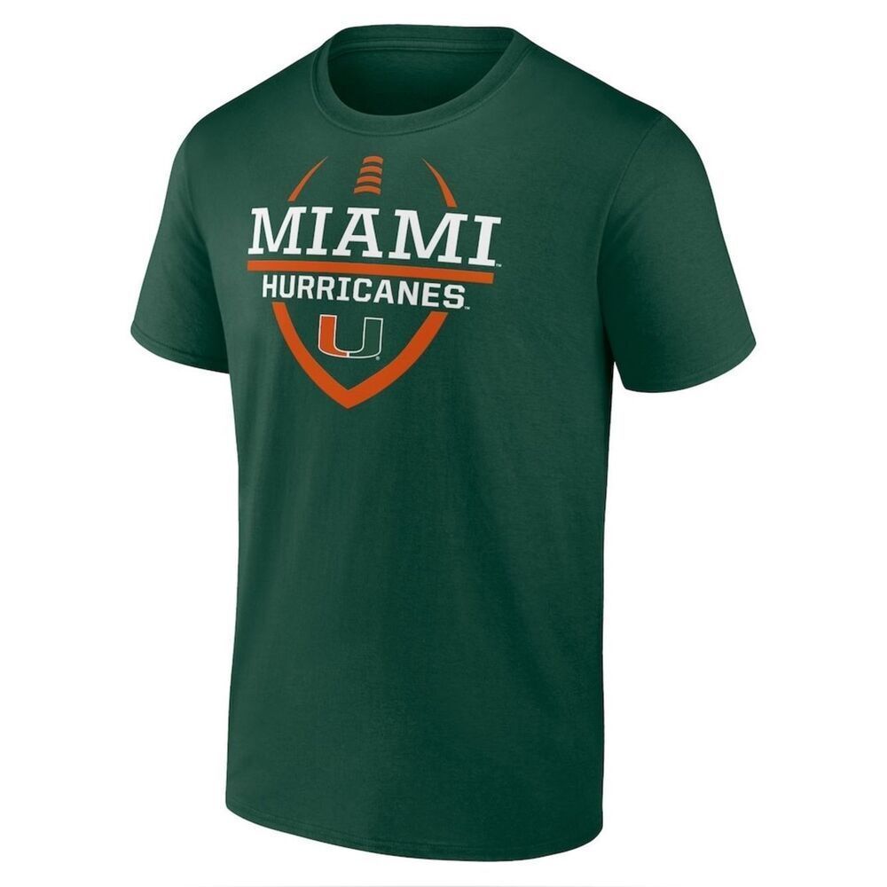 NWT Fanatics Miami Hurricanes Football Fan T-Shirt Green 100% Cotton Size Small